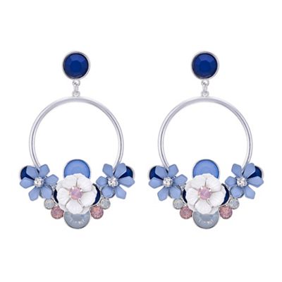 Blue floral crystal hoop earring